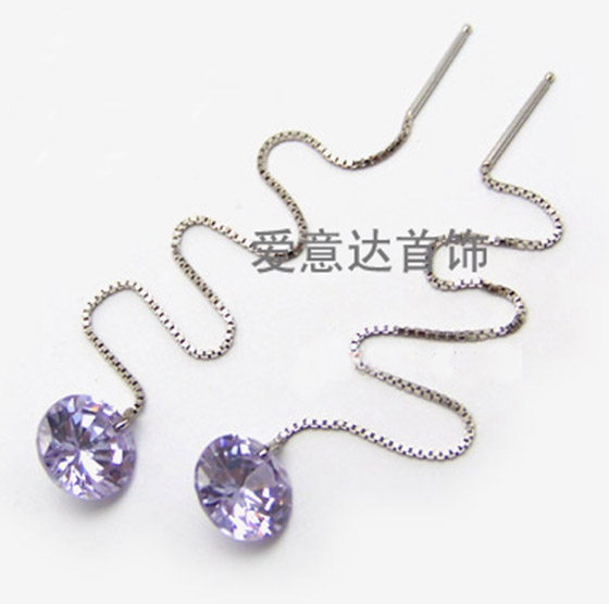 通体纯银韩版时尚流行饰品复古简约长款耳吊s925银紫水晶耳坠耳线