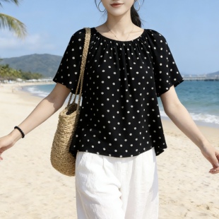 法式波点短袖衬衫女夏季宽松显瘦一字领百搭上衣大码休闲棉绸女装