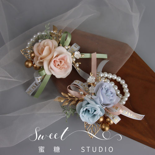 蜜糖原创手工森系粉蓝花朵手环