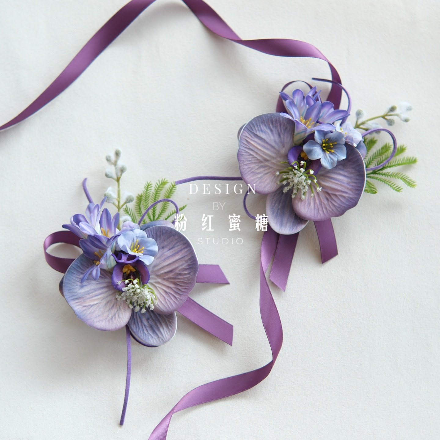原创  韩式唯美森系紫色蝴蝶兰新娘伴娘姐妹团婚礼胸花活动手腕花