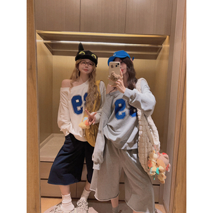 女秋韩系宽松显瘦上衣 套装 Yukiss 380g灰色斜肩套头卫衣五分卫裤