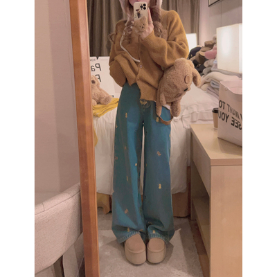 小熊刺绣牛仔裤/加绒加厚阔腿裤