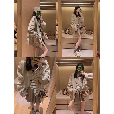 Yukiss 巴恩风卡其色短款风衣外套女秋季韩系设计感格子拼接上衣