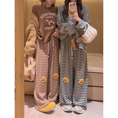 Yukiss【原创！童趣懒懒条纹裤/贴布绣休闲阔腿裤】