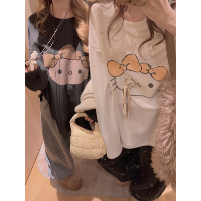 Yukiss 米白色加绒加厚长袖T恤打底衫女冬韩系博主风宽松百搭上衣