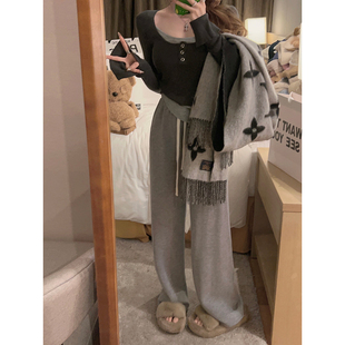 子 女冬韩系宽松遮胯显腿长百搭灰色裤 Yukiss 加绒直筒休闲阔腿裤