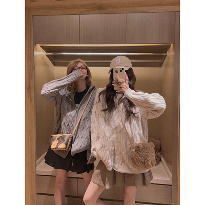 Yukiss【高克重！羊毛麻花连帽双拉链开衫外套～】