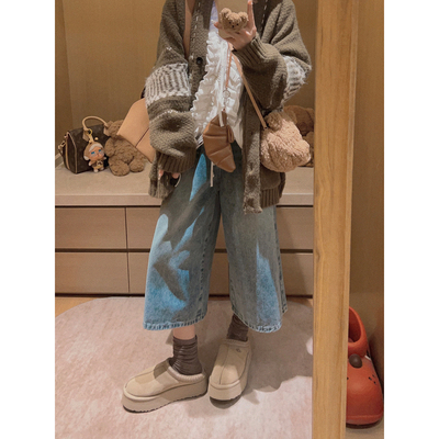Yukiss 浅蓝色直筒阔腿七分牛仔裤女秋韩系小个子宽松高腰休闲裤