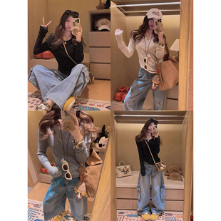 打底上衣 Yukiss 一字领长袖 修身 烫钻满天星针织衫