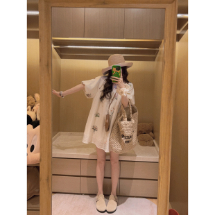 Yukiss 天丝亚麻刺绣连衣裙女夏韩系宽松遮肉裙子 米色复古灯笼袖