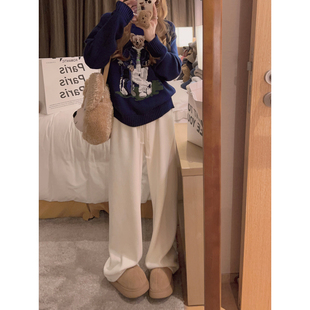 女冬韩系宽松遮胯显腿长休闲裤 Yukiss 白色加厚加绒直筒阔腿卫裤