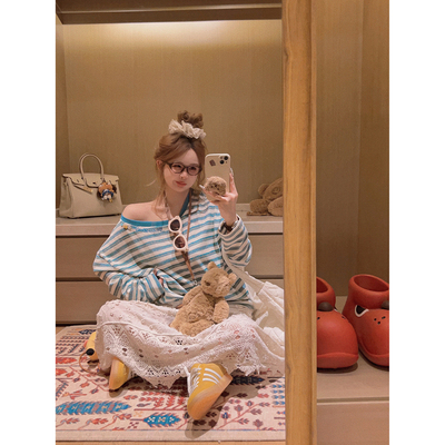 Yukiss3.18/9.5折【原创条纹斜肩tee！段染/竹节纱棉质长袖T恤】