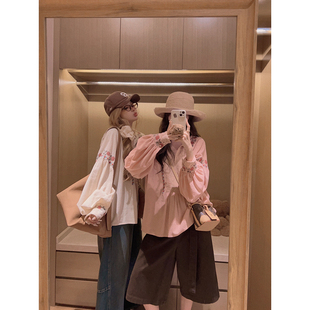 上衣 复古感娃娃领翻领衬衫 重工花朵刺绣 Yukiss