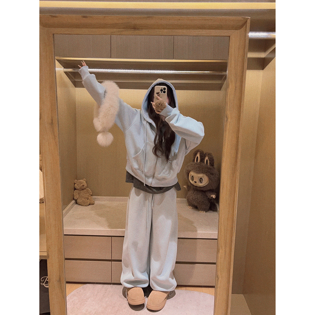 Yukiss baby绒连帽拉链卫衣卫裤两件套女韩系慵懒松弛感休闲套装