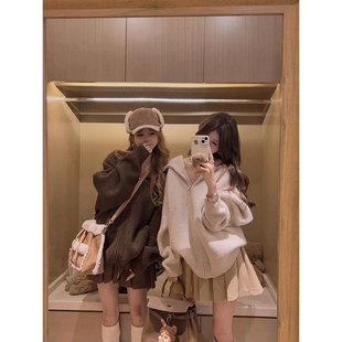 Yukiss 外套女秋冬韩系宽松保暖上衣 高克重连帽羊毛针织毛衣开衫