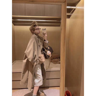 Yukiss 小个子中长款大翻领风衣外套女秋韩系卡其色宽松时髦上衣