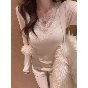 加绒蕾丝内搭t恤磨毛打底上衣 保暖 带胸垫 Yukiss