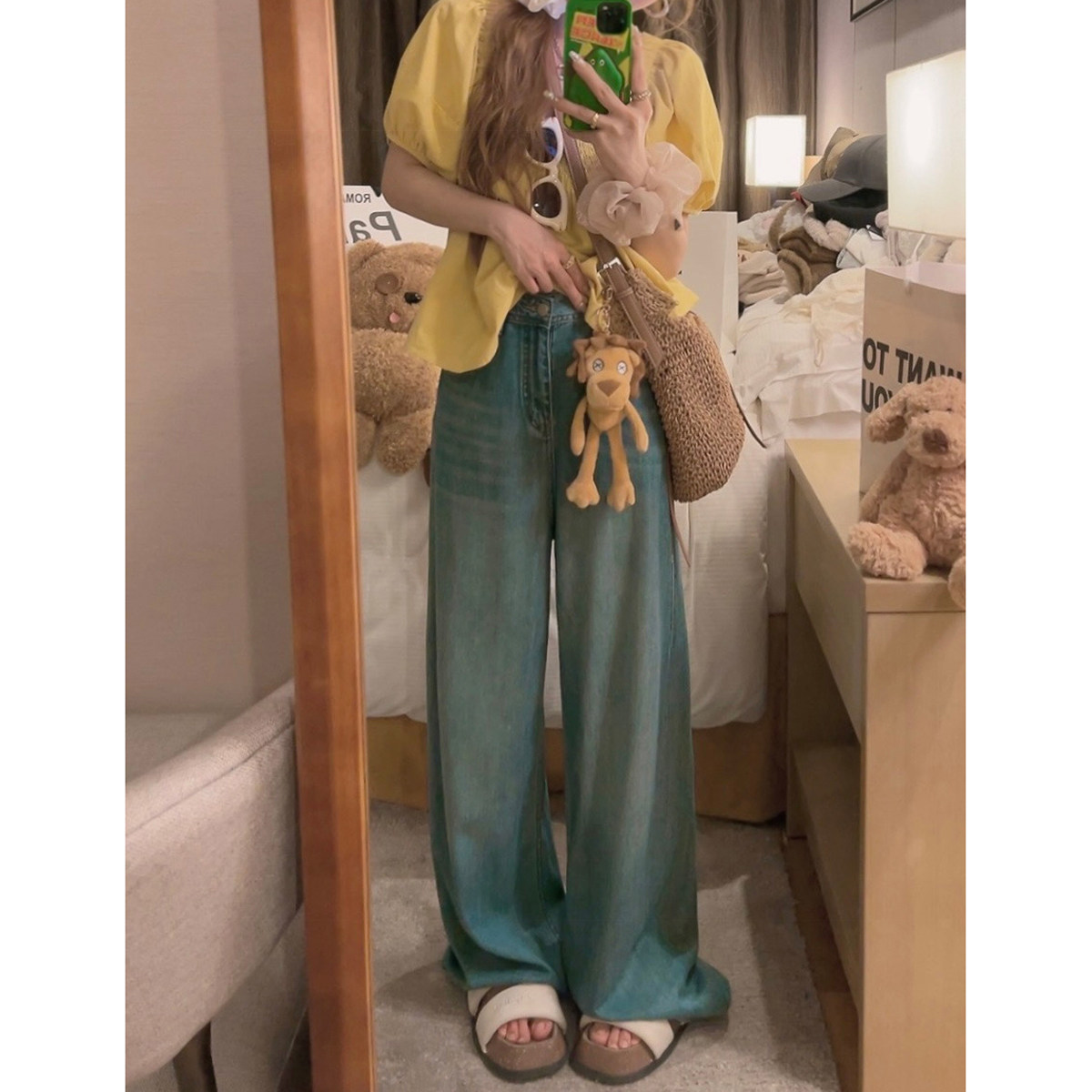 Yukiss阔腿直筒薄款牛仔裤女夏韩系宽松遮肉垂感复古高腰小个子裤