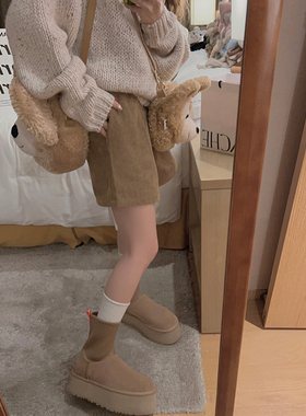 Yukiss 浅棕色复古灯芯绒阔腿短裤女秋韩系宽松加绒加厚休闲裤子