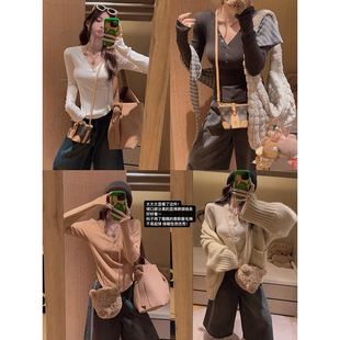 T恤女秋韩系设计感时髦针织打底衫 显瘦长袖 黑灰色V领修身 Yukiss