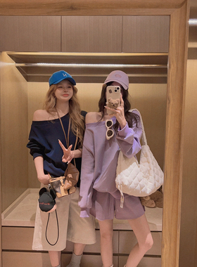 Yukiss 紫色斜肩套头卫衣短卫裤套装女秋韩系宽松时髦运动两件套