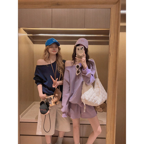 Yukiss 紫色斜肩套头卫衣短卫裤套装女秋韩系宽松时髦运动两件套