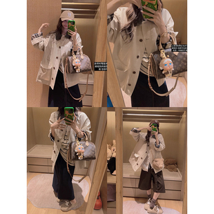 好搭配短款 口 风衣夹克 格纹袖 拼皮翻领 Yukiss