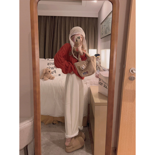 子 女秋冬韩系小个子保暖裤 Yukiss 米白色加绒加厚阔腿直筒休闲裤