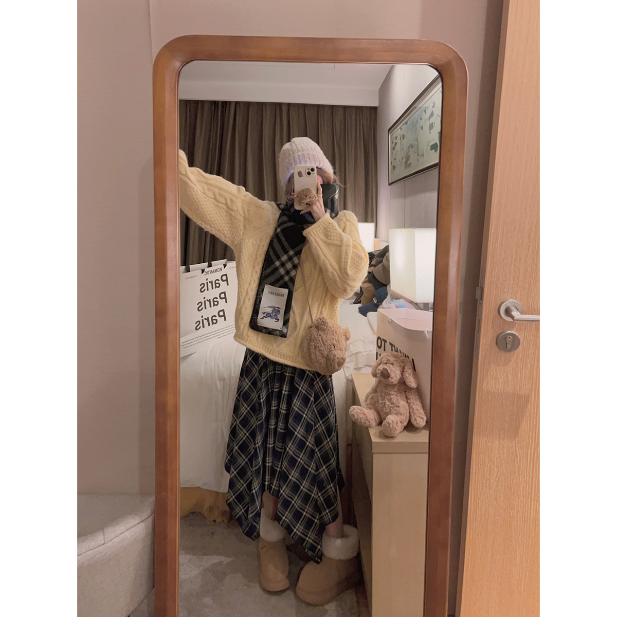 不规则下摆长款格子半身裙