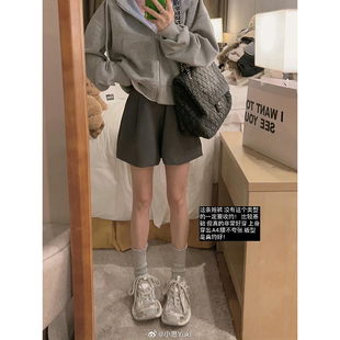Yukiss 短褲 女夏韓系寬松遮肉顯瘦a字西褲 灰色小個(gè)子高腰闊腿西裝