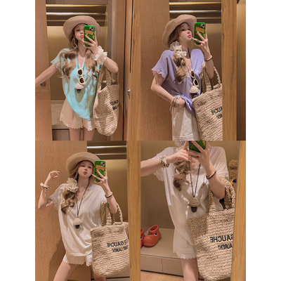 雪花麻棉/V领短袖T恤上衣