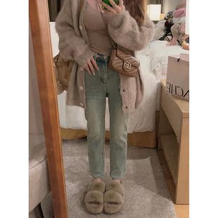 女秋冬韩系高腰 九分加绒直筒烟管牛仔裤 Yukiss 福利清仓5折