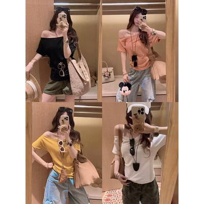 Yukiss 浅橘色竹节棉斜肩短袖T恤女夏韩系修身显瘦设计感小众上衣