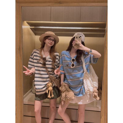 Yukiss 小马刺绣复古蓝色条纹短袖T恤女夏韩系宽松百搭打底衫上衣