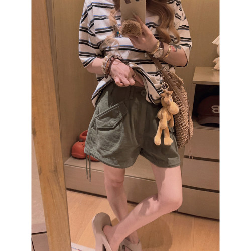Yukiss 美式复古小个子阔腿直筒短裤休闲裤女夏韩系水洗棉工装裤