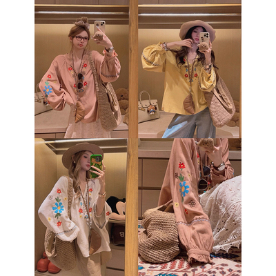 Yukiss【重工花朵刺绣！薄料凉爽/亚麻棉娃娃衫衬衣】