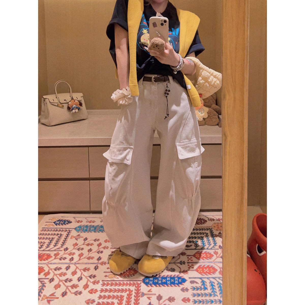 Yukiss【多口袋工装裤！重工结构感米色休闲感牛仔裤】