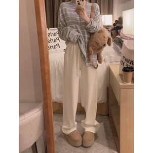 Yukiss米白色加厚加绒高腰阔腿直筒休闲裤 子 女秋冬小个子宽松卫裤