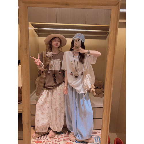 Yukiss 米白色碎花阔腿直筒九分灯笼裤女夏韩系宽松小个子休闲裤