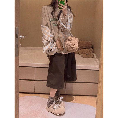 Yukiss 咖色阔腿直筒五分西裤中裤女秋韩系宽松时髦休闲西装短裤