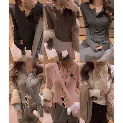 Yukiss 亨利领高克重加绒修身显瘦T恤打底衫女冬韩系百搭长袖上衣