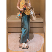 女夏小个子复古显瘦休闲裤 Yukiss 深蓝色高腰直筒阔腿九分牛仔裤