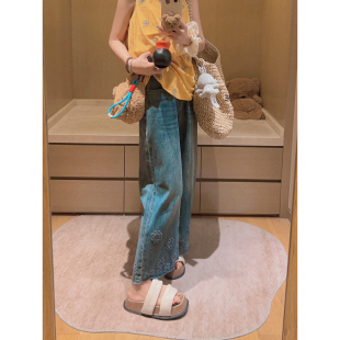 女夏小个子复古显瘦休闲裤 Yukiss 深蓝色高腰直筒阔腿九分牛仔裤