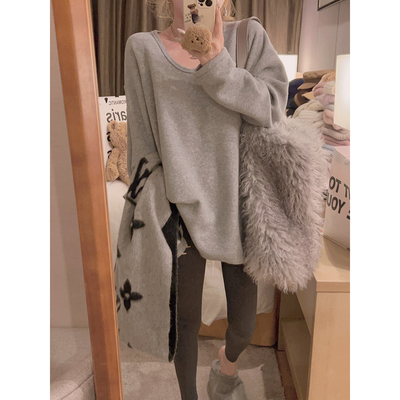 毛巾绒/u领内搭加绒开叉T恤～