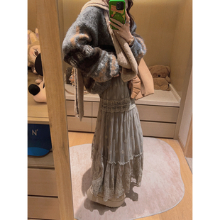 全蕾丝网纱刺绣灰长裙大摆半身裙 Yukiss 定染色