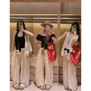 女夏韩系高腰宽松遮肉气球裤 Yukiss 天丝亚麻波点阔腿直筒休闲裤