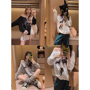 上衣 Yukiss 印花宽松长袖 260g 腊肠小狗斜肩Tee