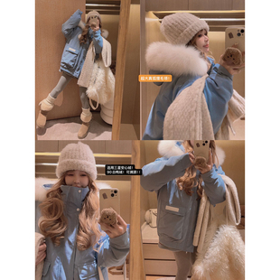 Yukiss 韩系宽松保暖外套 狐狸毛领90白鸭绒连帽派克羽绒服女冬季