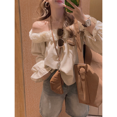 3D立体花朵/光泽感一字肩衬衫