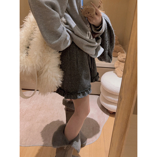 加绒木耳边靴裤 羊毛针织料 下摆花边短裤 Yukiss